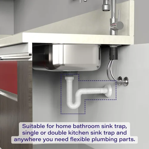 Trampa P flexible para tubos de drenaje de 1-1/2 pulgadas (blanco - 39 pulgadas de longitud) con conexiones ajustables para fregaderos de cocina y