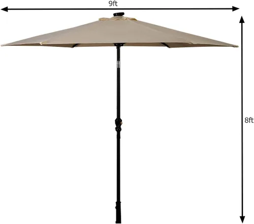 Miniatura 6 de HAPPYGRILL Paraguas de patio con luces solares, sombrilla de mesa al aire libre con manivela inclinable para mercado, jardín, patio, piscina Beige