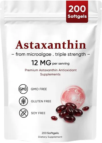 Astaxantina 12 mg, suplementos antioxidantes de astaxantina premium, apoya los ojos, la piel, el sistema inmunológico, las articulaciones, la