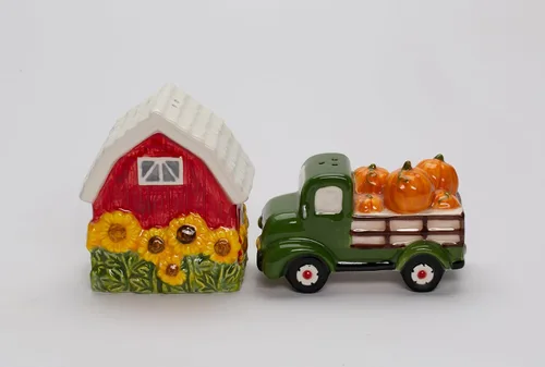 Miniatura 2 de Juego de salero y pimentero de cerámica fina de cosecha de Acción de Gracias, camión de calabaza y girasoles, 3.5 pulgadas de largo