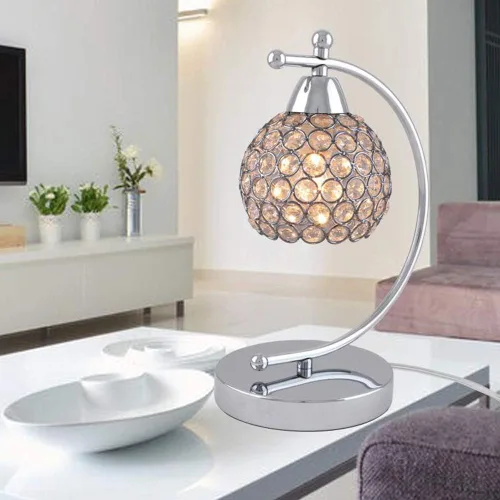 Miniatura 4 de Onerbuy Moderna lámpara de mesa de cristal enchufable, lámpara de mesa de noche cromada plateada E27 con interruptor de encendido/apagado en línea