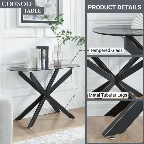 Miniatura 3 de Moderna mesa consola ovalada de vidrio, mesa de sofá estrecha para entrada, entrada, sala de estar, vestíbulo, pasillo, oficina, 45 pulgadas de Negro