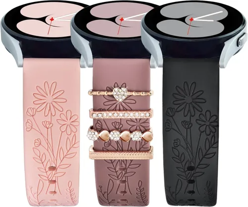 Miniatura 8 de Correas para Samsung Galaxy Watch 7/6/5/4/FE Banda 40mm 44mm con Charms, Correa de Reemplazo de Silicona con Flores Grabadas de 20mm para Mujeres