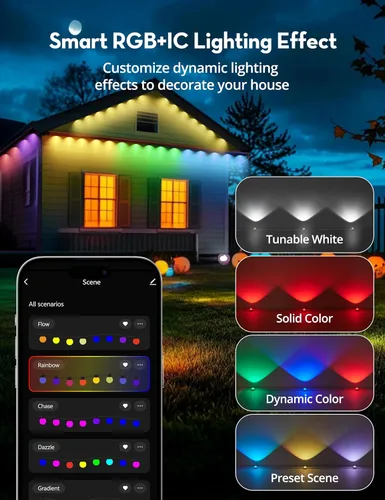 Miniatura 4 de RGB+IC - Luces permanentes para exteriores para jardín de casa, 50 pies, luces de alero inteligente, luces de cadena, IP67 impermeable