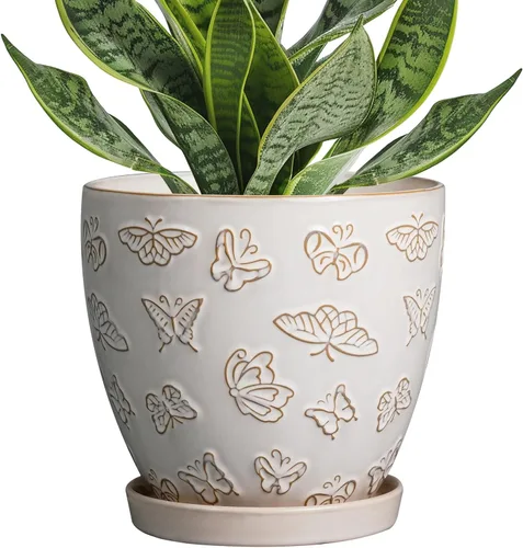Miniatura 24 de Maceta para Plantas de 6.8 Pulgadas - Maceta de Cerámica con Orificio de Drenaje y Platillo, Maceta Redonda Moderna para Flores, Macetas