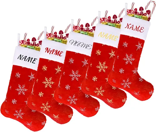 Miniatura 9 de Calcetines negros de piel sintética de Navidad, 1 paquete grande de 22 pulgadas, medias colgantes de felpa negra con nombre personalizado con copos