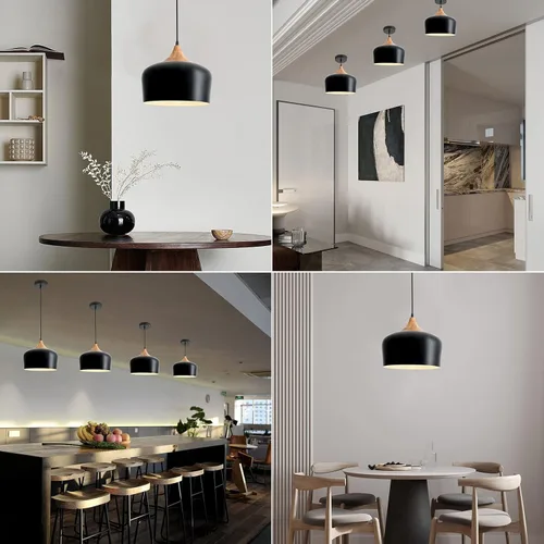Miniatura 8 de Lámpara colgante industrial negra de 11.8 pulgadas, iluminación colgante de techo ajustable de madera con pantalla de metal en forma de cúpula