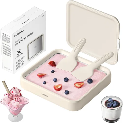 Miniatura 10 de Máquina para hacer helados enrollados, máquina de helado instantáneo con tapa y 2 espátulas, acero inoxidable SUS316 de grado alimenticio, bandeja