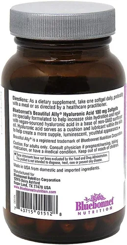 Miniatura 10 de Bluebonnet Nutrition Beautiful Ally - Ácido hialurónico de 100 mg, nutre la piel radiante*, sin OMG, sin gluten, sin soja, 90 cápsulas blandas, 90