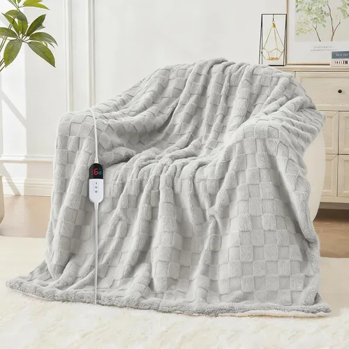 Manta térmica eléctrica tamaño matrimonial – Manta jacquard a cuadros Sherpa de 72 x 84 pulgadas, manta de cama de calentamiento rápido con 6 Gris