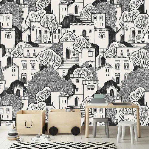 Miniatura 36 de Papel pintado de casa de acuarela de dibujos animados para guardería, murales de pared para habitación de niños 114" x 74" (no despegar y pegar)