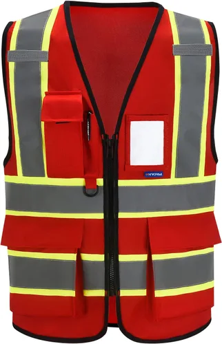 AYKRM 11 color alta visibilidad reflectante chaleco de seguridad para mujeres hombres bolsillo cremallera ANSI/ISEA estándar Rojo