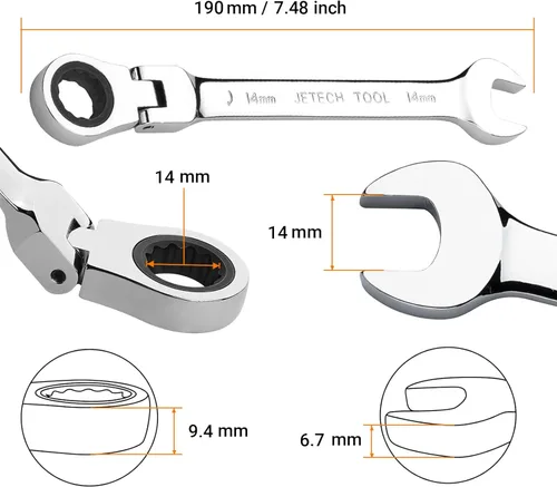 Miniatura 2 de Jetech 14mm Juego de llaves de trinquete con cabeza flexible: llave de caja de 12 puntos Combinación de trinquete métrico de cromo vanadio