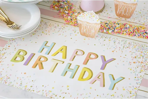 Miniatura 3 de Manteles individuales de papel de confeti de feliz cumpleaños, manteles individuales cuadrados desechables para fiestas, 18 hojas por bloc