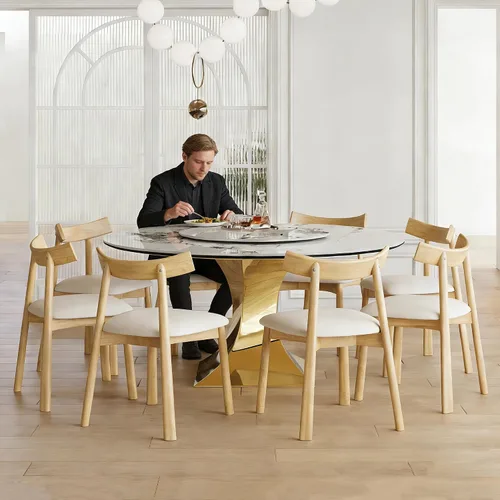 Miniatura 6 de Juego de mesa de comedor redonda de 9 piezas, moderna mesa de cocina de piedra sinterizada de 59 pulgadas con plato giratorio redondo de 31.5