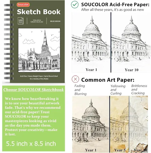 Miniatura 6 de Soucolor Paquete de 2 cuadernos de bocetos de 5.5" x 8.5" pulgadas, 200 hojas cuaderno diario en blanco, A5, bloc de bocetos con encuadernación