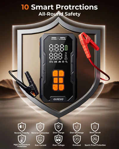 Miniatura 10 de Arrancador de 2000 A con compresor de aire, arrancador de batería de automóvil portátil con inflador de neumáticos de apagado automático de 160 PSI