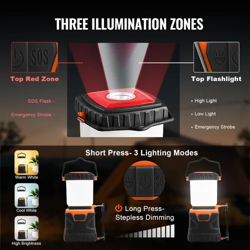 Miniatura 4 de VEVOR - Linterna de camping LED, todo en uno, 1000 lúmenes, iluminación de 360°, 4 modos de iluminación, luz alimentada por batería, linterna