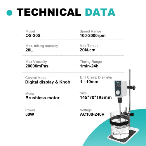 Miniatura 2 de JOANLAB Agitador de sobrecarga 20L 20000 mPas Mezclador digital de sobrecarga agitador de laboratorio con varillas de agitación 100-1500RPM