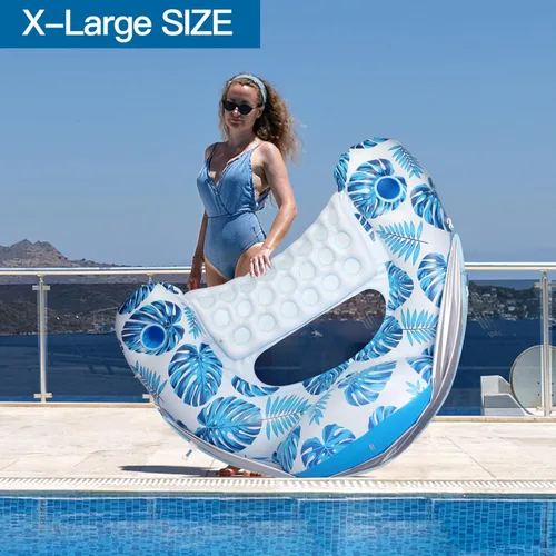 Miniatura 5 de COOLCOOLDEE Flotador de piscina con toldo y portavasos - Flotador de silla de piscina XL con cubierta de parasol ajustable, portavasos, respaldo Azul