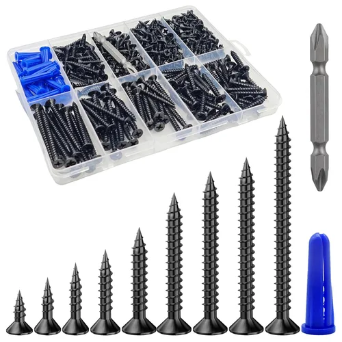 Wensilon (385 piezas) Tornillos de cabeza plana negros para madera, tornillos autorroscantes de cabeza plana para metal rápido, equipados con kit de