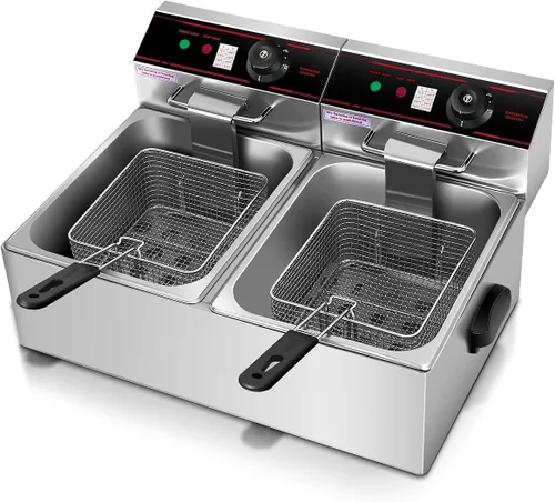 Miniatura 7 de Giantex Freidora comercial de 3400 W, tanque doble, freidora eléctrica de acero inoxidable de 12.8 cuartos de galón con 2 cestas, tapas y control