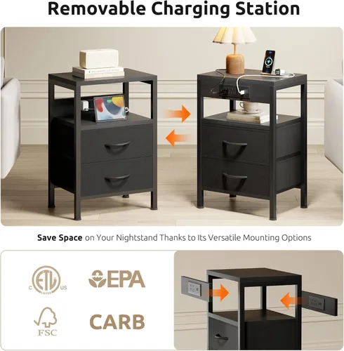 Miniatura 3 de Lazzanto Mesa de Noche Mesita de Carga para Dormitorio - Mesa de Noche con Estación de Carga, Mesita de Noche Moderna con Estante Abierto y 2