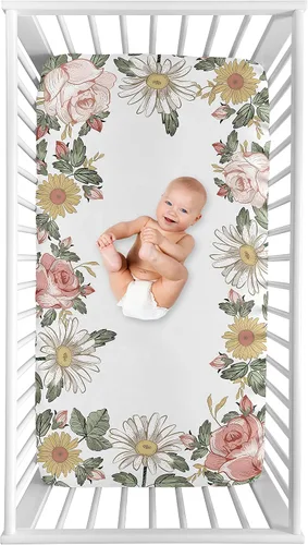 Sweet Jojo Designs Sábana bajera ajustable vintage floral para niña, para cuna para bebé o bebé, cuarto de bebé, foto op, rosa rubor, amarillo y