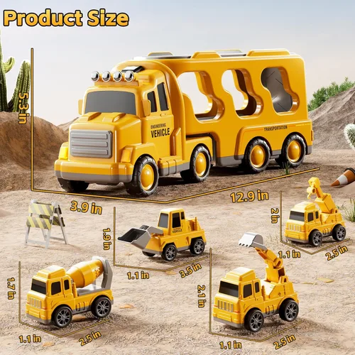 Miniatura 5 de Camiones de construcción de juguetes para niños de 2, 3, 4, 5 años, vehículo de transporte 5 en 1 para niños pequeños de 2 a 4 años con grúa