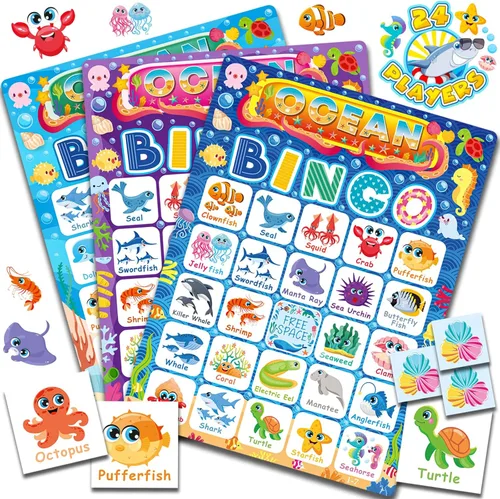 Miniatura 7 de YTSQLER Juego de bingo oceánico para 24 jugadores, animales del océano, juego de bingo para actividades infantiles, bajo el mar, juegos divertidos