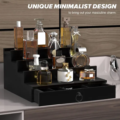 Miniatura 9 de Organizador de colonia upcessory para hombres, organizador de perfume de madera negra de 4 niveles con cajón forrado de fieltro y compartimento
