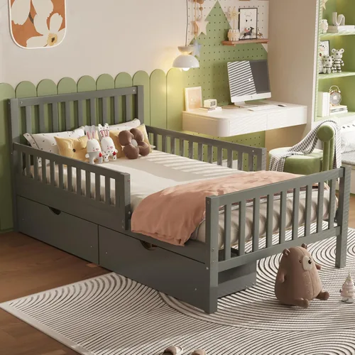 Miniatura 3 de Bellemave Base de cama individual para niños con vallas y 2 cajones, plataforma de madera tamaño individual con barandillas en ambos lados