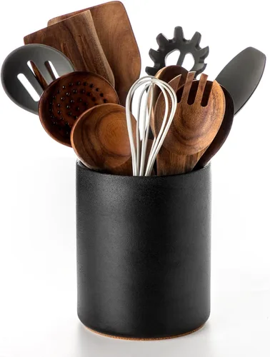 Miniatura 10 de Nucookery Soporte para Utensilios, Soporte para Utensilios de Cocina de Cerámica de 6.4", con Fondo de Corcho de Protección para Encimera, Negro