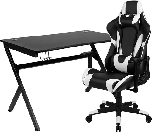 Miniatura 16 de Flash Furniture Juego de escritorio para juegos negro y silla de carreras blanco/negro con soporte para tazas, gancho para auriculares y soporte