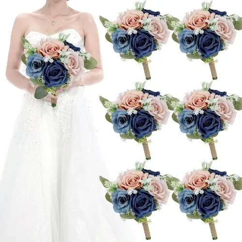 Miniatura 22 de Juego de 4 ramos para dama de honor para boda - Ramos de flores artificiales de 7 pulgadas para decoración de centros de mesa de ceremonia y Azul