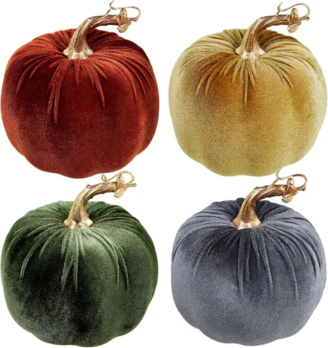 Miniatura 12 de Winlyn 4 calabazas decorativas de terciopelo rústico sintético, color verde, verde azulado, blanco, 5 pulgadas, para regalos, otoño, boda, Acción