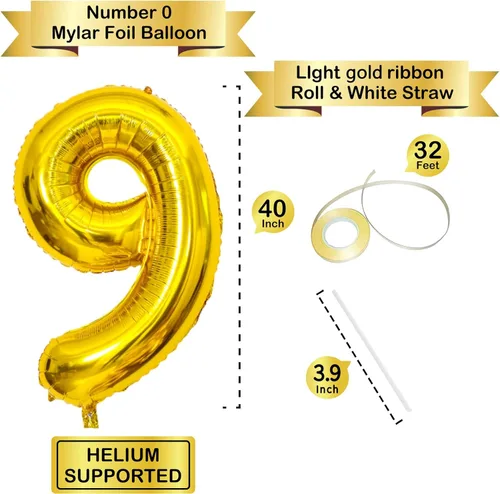 Miniatura 2 de Globos dorados de 40 pulgadas, globos de aluminio de Mylar con helio para cumpleaños, globo de número 9 para decoraciones de cumpleaños de 9 años