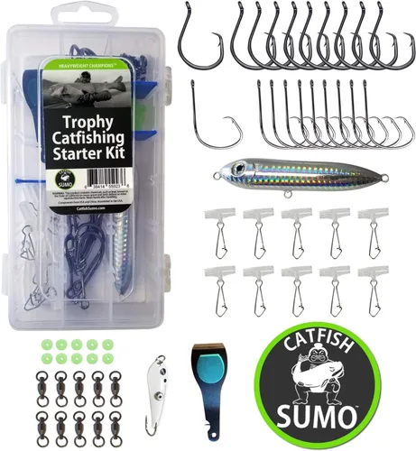 Juego completo de aparejos de bagre | Kit de pesca de gato trofeo con ganchos circulares 8/0, caja de almacenamiento, deslizadores de platina,