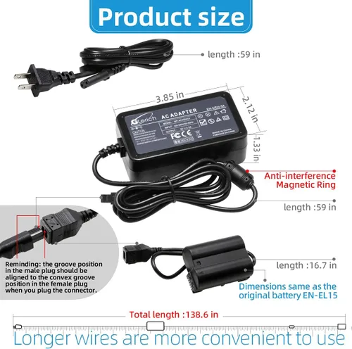 Miniatura 5 de Glorich EP-5B Acoplador DC EN-EL15 EN-EL15a Batería ficticia EH-5 Adaptador de fuente de alimentación de CA Conector de alimentación para Nikon 1 V1