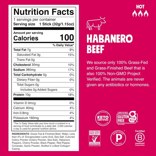 Miniatura 2 de Chomps Tiras de carne seca de res alimentadas con pasto y terminadas con sabor picante de habanero 10 paquetes - Keto, Paleo, Whole30, 10g