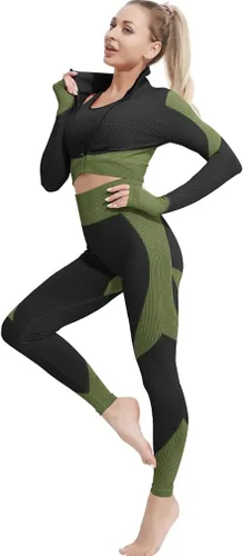 Conjunto deportivo de 3 piezas para mujer, sin costuras, de manga corta, brasier deportivo, cintura alta, pantalones cortos de yoga, verde - 01