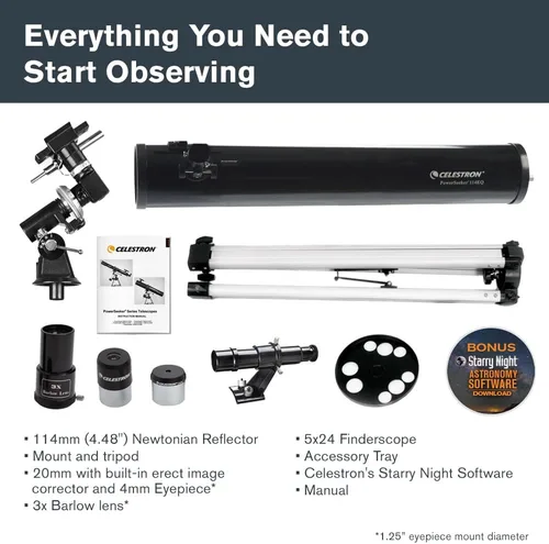Miniatura 3 de Celestron - Telescopio PowerSeeker 114EQ - Telescopio ecuatorial alemán manual para principiantes - Compacto y portátil - Paquete de software