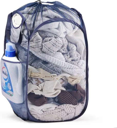 Miniatura 40 de TECHMILLY Cesta plegable de malla para la ropa sucia con asas resistentes y bolsillo lateral, cestas plegables portátiles para ropa para dormitorio