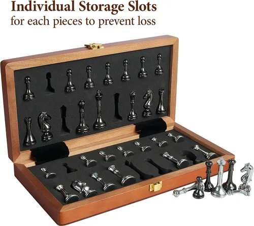 Miniatura 4 de ELONGDI Juego de ajedrez de metal para adultos y niños, tablero de ajedrez plegable de madera de 12 pulgadas y piezas de metal, juego de ajedrez
