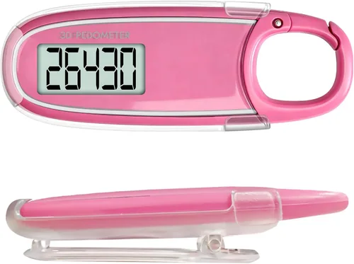 3D Pedometer for Walking with Removable Clip and Carabiner Simple Step Counter for Walking Accurate Clip On Step Tracker for Men Women Kids Rosa