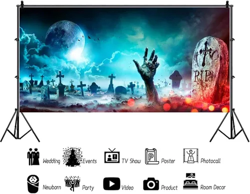 Miniatura 7 de Telón de fondo de Halloween para fotografía de cementerio de Halloween de 20 x 10 pies, telón de fondo de lápida de calavera aterradora, calabaza