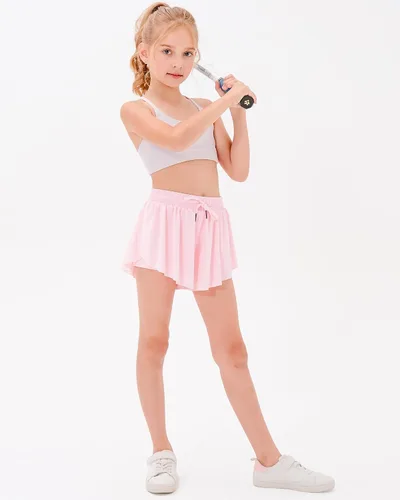 Miniatura 6 de Stelle Pantalones cortos fluidos con bolsillos para niñas, falda atlética para correr, cintura alta, mariposa, 2 en 1, pantalones cortos deportivos