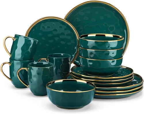 Miniatura 10 de LOVECASA Juego de 12 piezas de platos y cuencos, vajilla de porcelana negra y dorada, platos de cena redondos, juego de vajilla para 4 personas