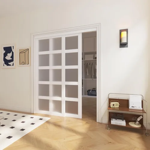 Puerta corrediza de armario, 60 pulgadas (doble 30 pulgadas) x 80 pulgadas, puerta corredera de vidrio esmerilado 5-Lite con kit de riel de hardware