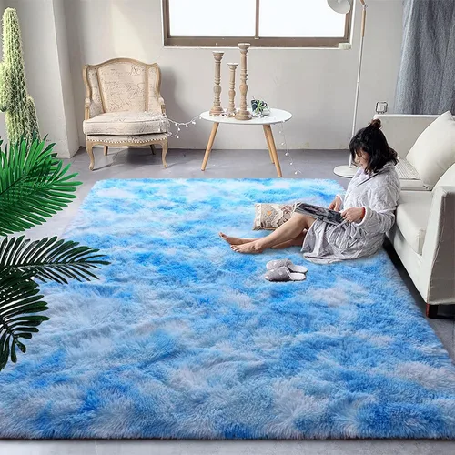 Miniatura 11 de DweIke Alfombras Shag Esponjosas Azules para Dormitorio Sala de Estar, 5x8 Grande Suave Felpa Tie-Dye Azul Cielo para Niñas y Niños, Alfombra Azul